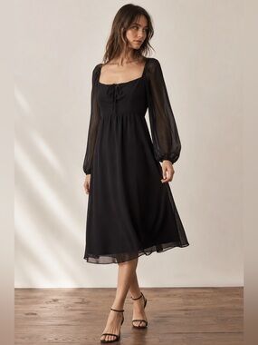 Wilfred Black Babydoll Midi Dress Tie Front Sheer Sleeve Chiffon Size 6